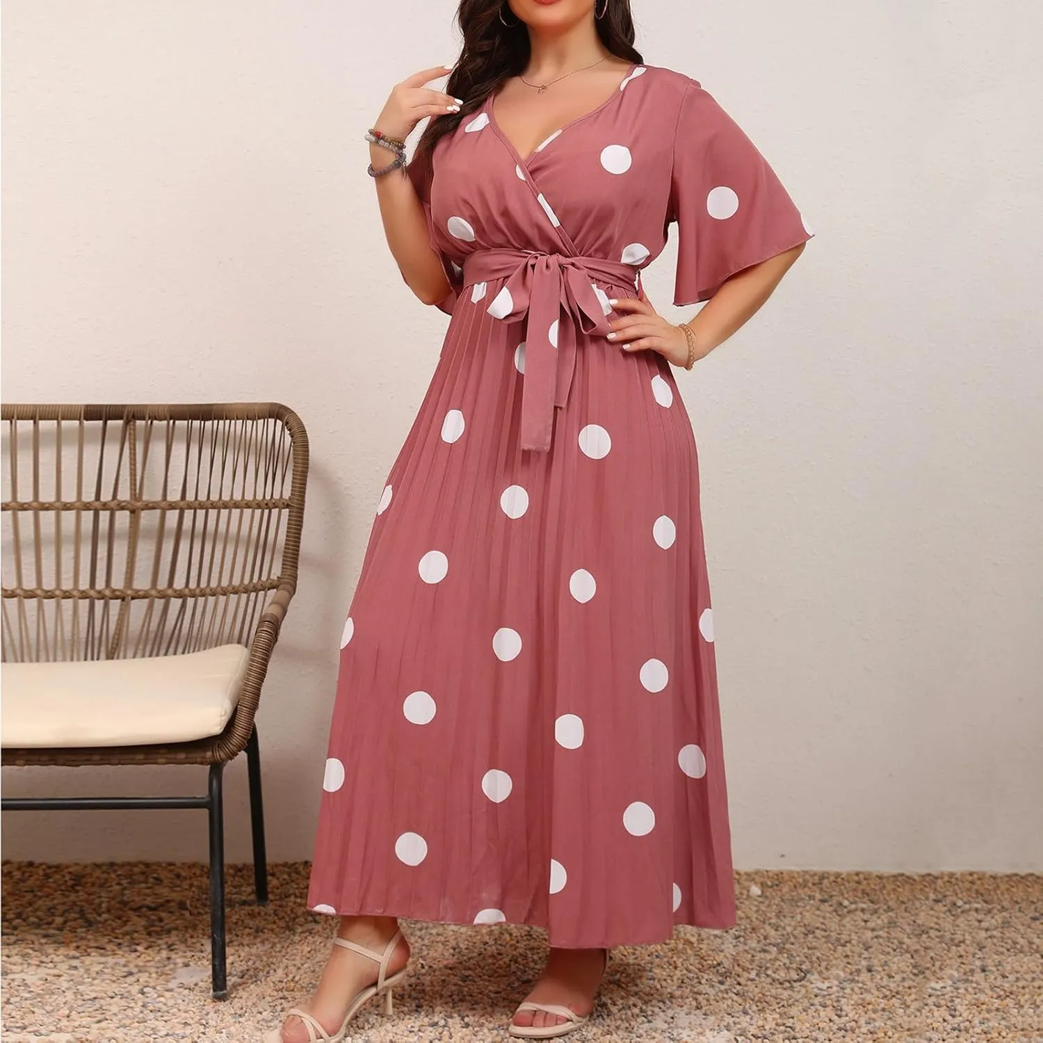 Women's Plus Size V-Neck Lace-Up Midi Dress, Fashion Summer Beach Vacation Casual Dress Short Sleeve Flowy Clothes