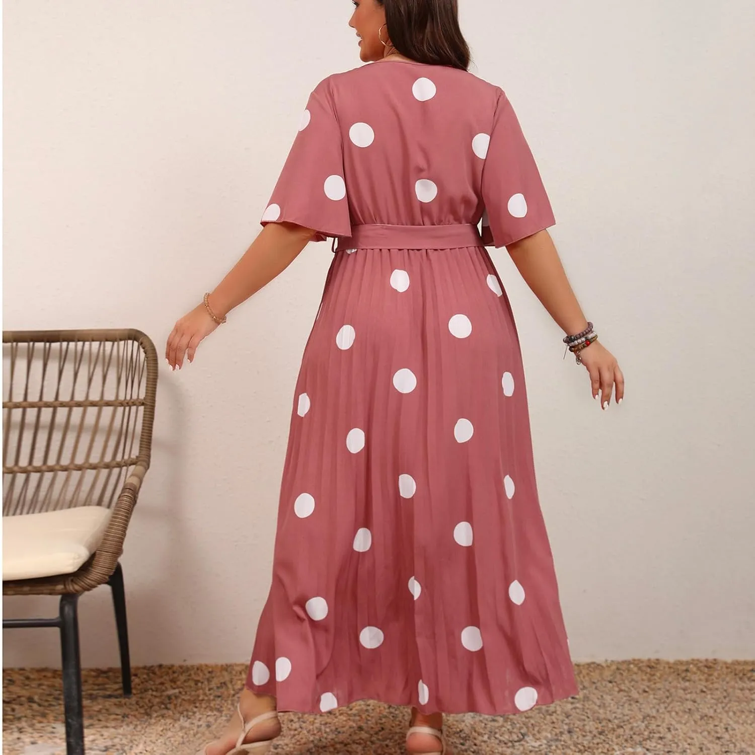 Women's Plus Size V-Neck Lace-Up Midi Dress, Fashion Summer Beach Vacation Casual Dress Short Sleeve Flowy Clothes