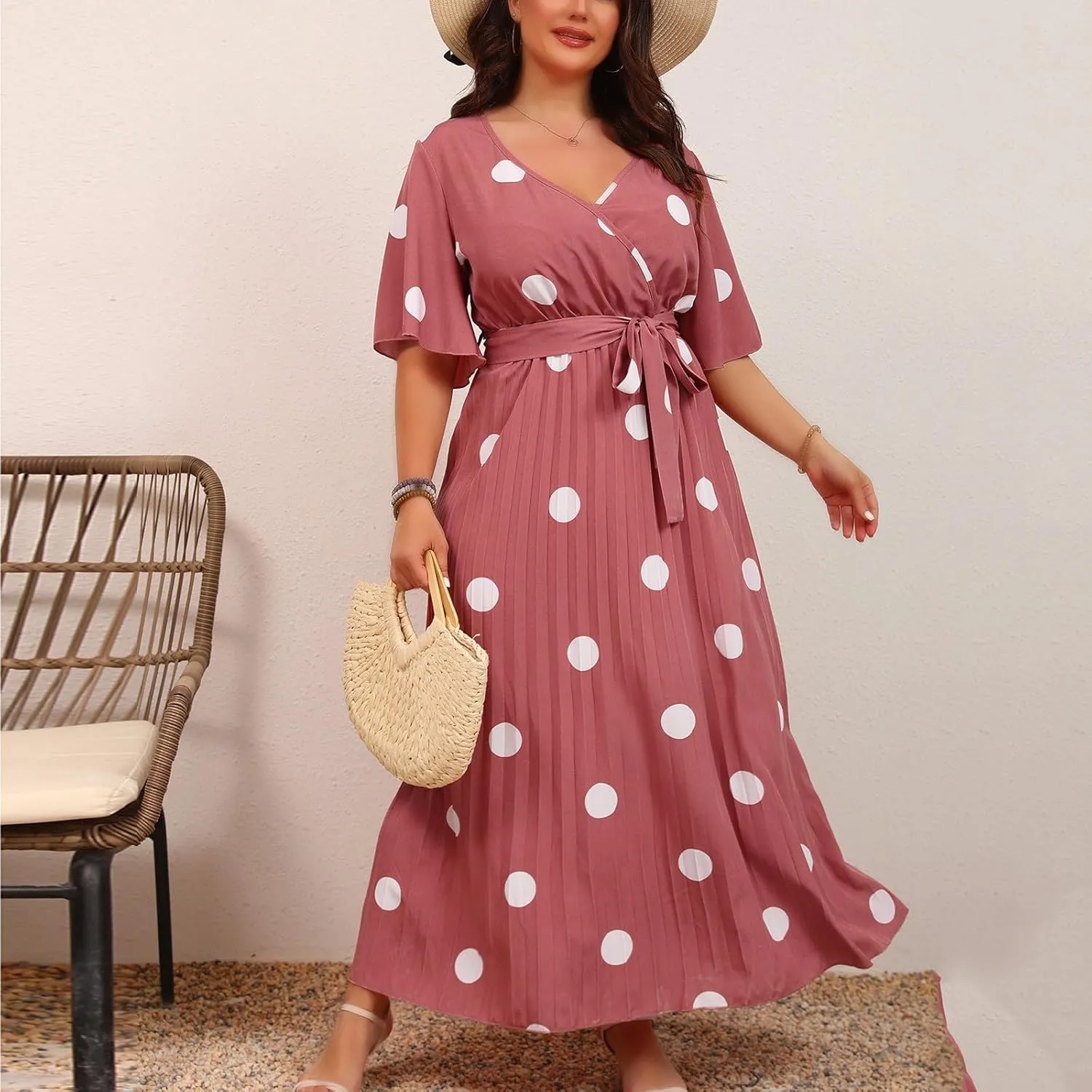 Women's Plus Size V-Neck Lace-Up Midi Dress, Fashion Summer Beach Vacation Casual Dress Short Sleeve Flowy Clothes