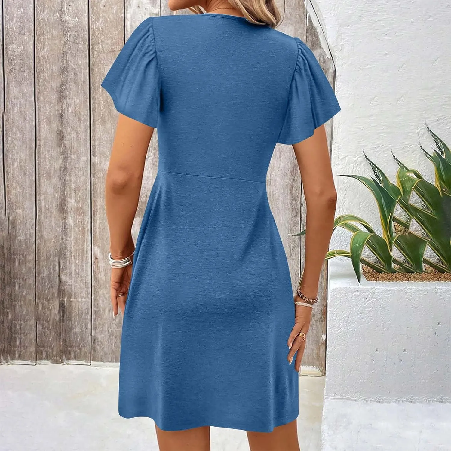 Womens Ruffle Sleeve Layered Mini Dress Smocked Waist Short Dress Boho V Neck Floral Print Cute Summer Dresses