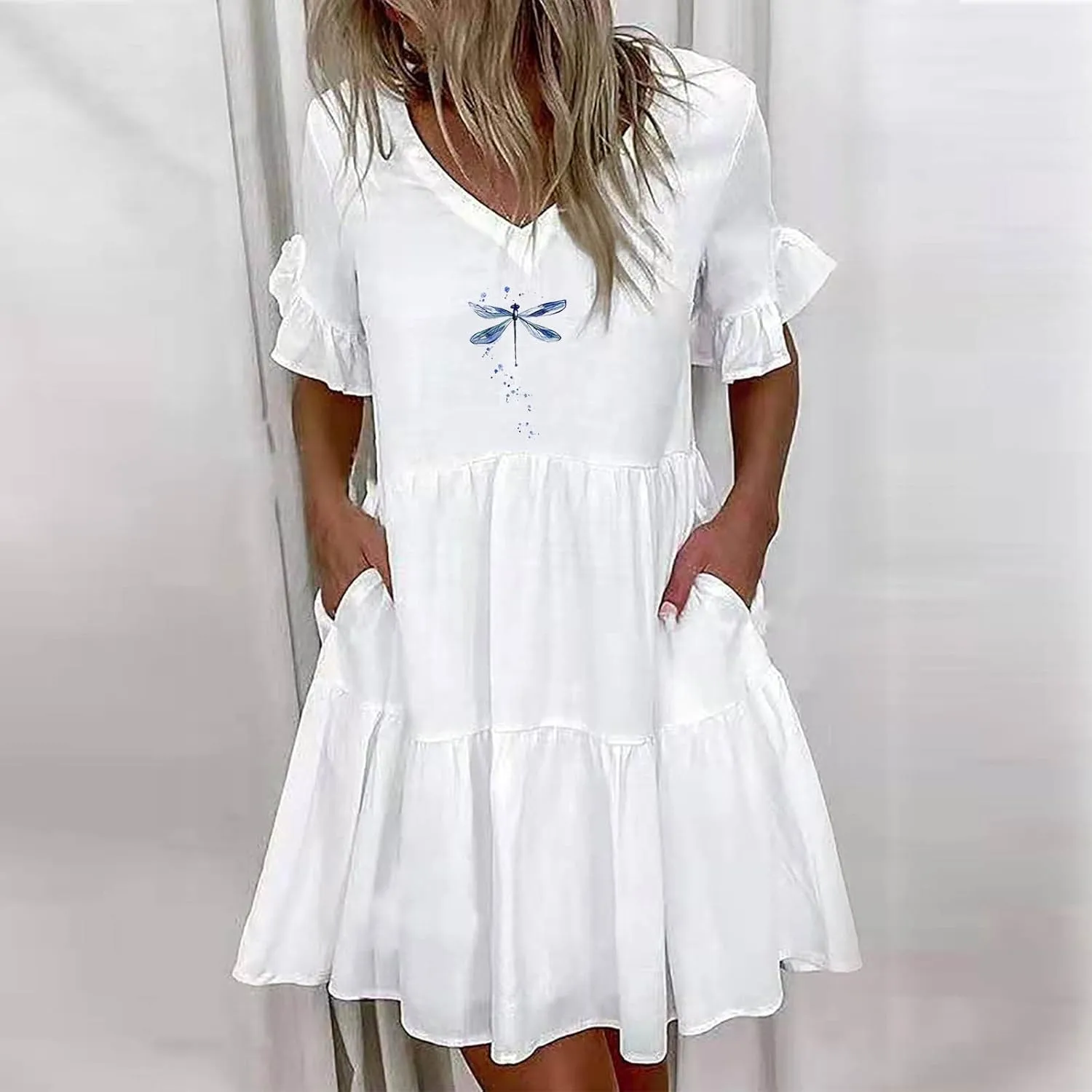 Womens Ruffle Sleeve Summer Vacation Dress Floral Print Casual Resort Dress Cute Spring Clothes 2023