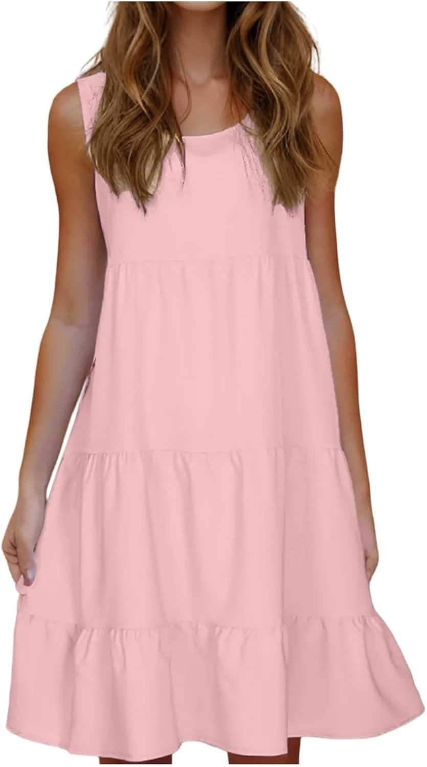 Womens Ruffle Tiered Swing Dresses Sleeveless Boho Tank Sundress Summer Casual A Line Mini Dress for Beach Vacation