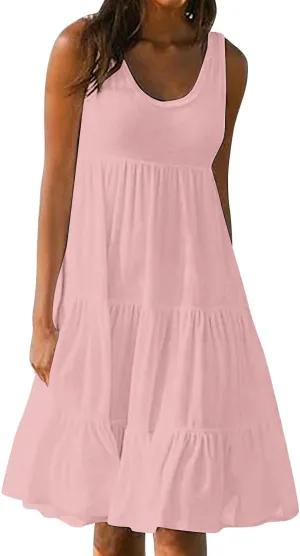 Womens Ruffle Tiered Swing Dresses Sleeveless Boho Tank Sundress Summer Casual A Line Mini Dress for Beach Vacation