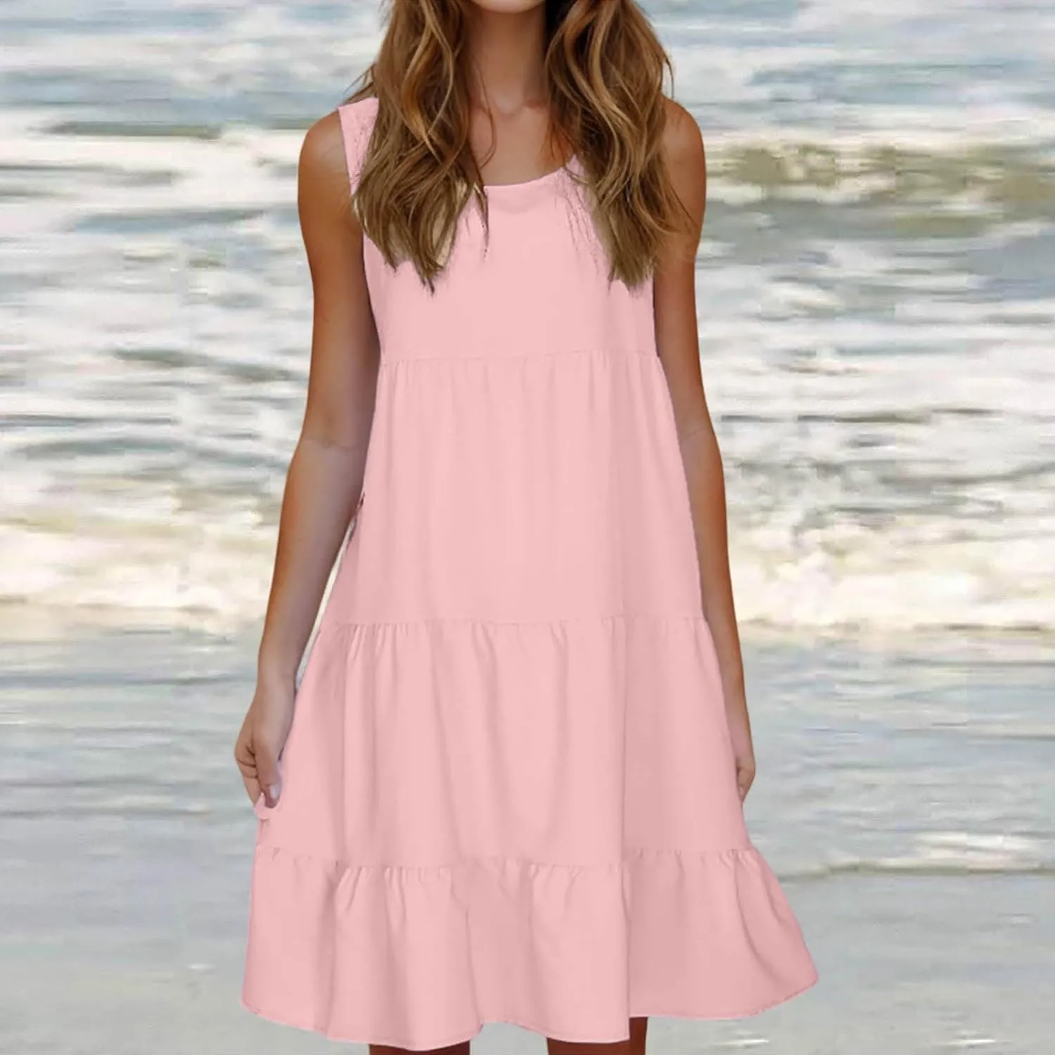 Womens Ruffle Tiered Swing Dresses Sleeveless Boho Tank Sundress Summer Casual A Line Mini Dress for Beach Vacation