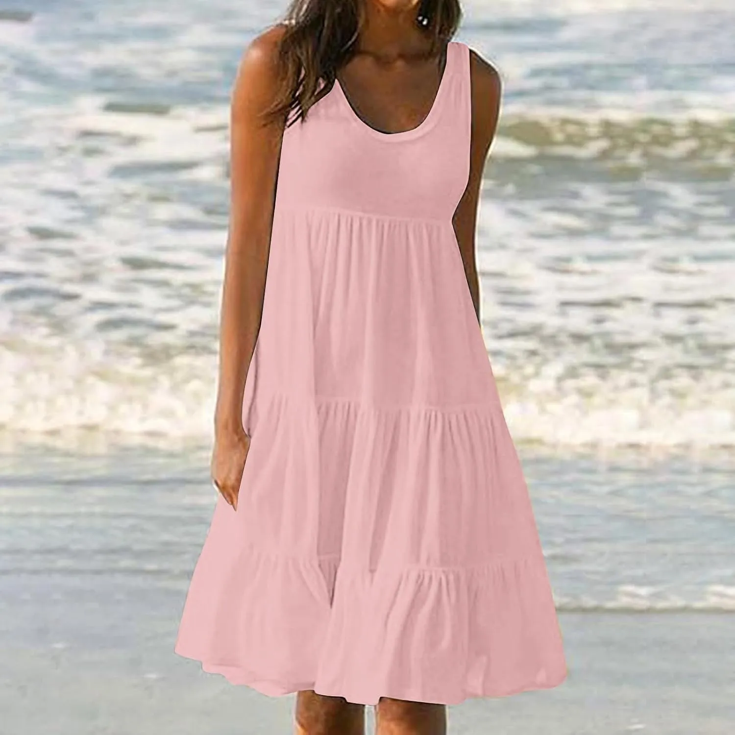 Womens Ruffle Tiered Swing Dresses Sleeveless Boho Tank Sundress Summer Casual A Line Mini Dress for Beach Vacation