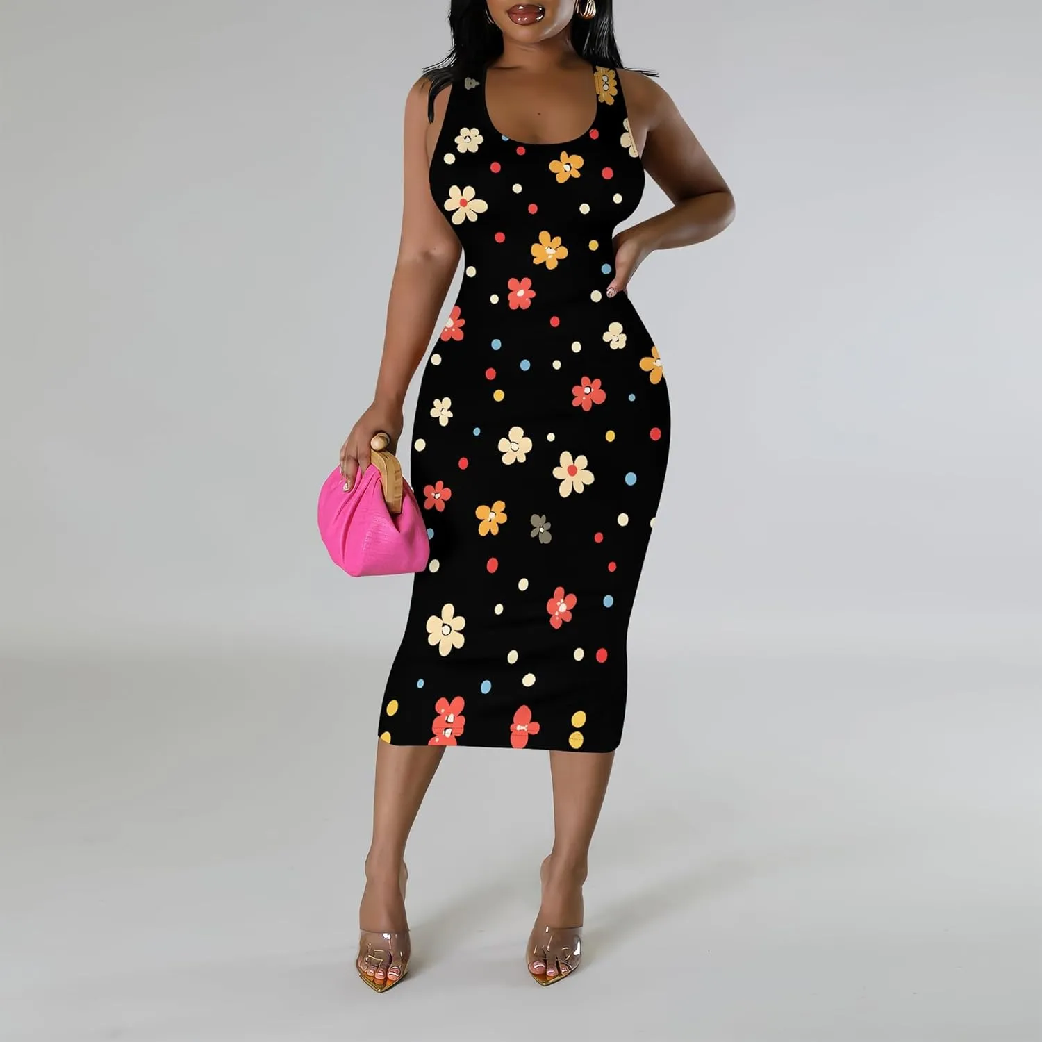 Women's Sexy Bodycon Tank Floral Print Dress Summer Pencil Sleeveless Basic Midi Dresses Party Club Beach Sundresses