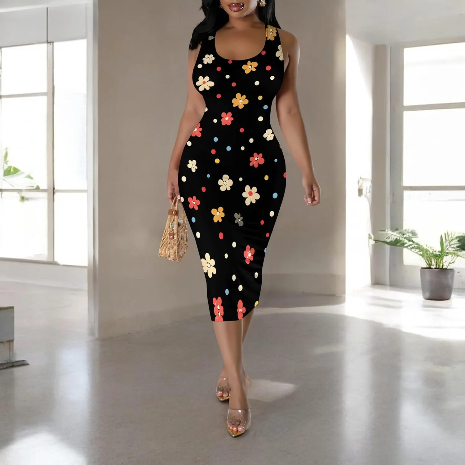Women's Sexy Bodycon Tank Floral Print Dress Summer Pencil Sleeveless Basic Midi Dresses Party Club Beach Sundresses