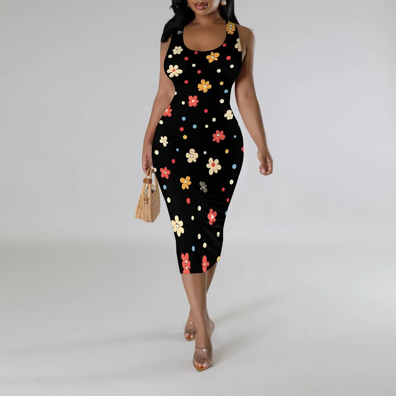 Women's Sexy Bodycon Tank Floral Print Dress Summer Pencil Sleeveless Basic Midi Dresses Party Club Beach Sundresses