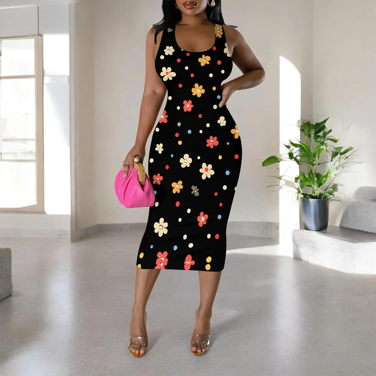 Women's Sexy Bodycon Tank Floral Print Dress Summer Pencil Sleeveless Basic Midi Dresses Party Club Beach Sundresses