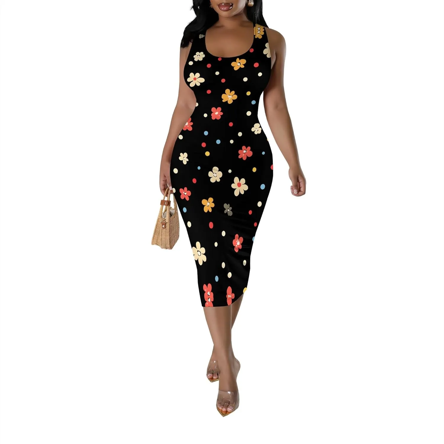 Women's Sexy Bodycon Tank Floral Print Dress Summer Pencil Sleeveless Basic Midi Dresses Party Club Beach Sundresses