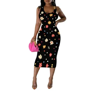 Women's Sexy Bodycon Tank Floral Print Dress Summer Pencil Sleeveless Basic Midi Dresses Party Club Beach Sundresses