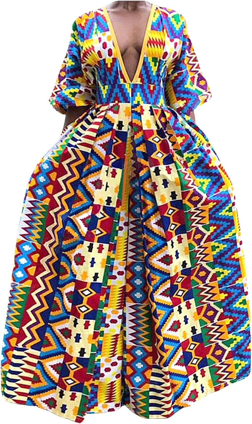 Womens Sexy Boho African Print Jumpsuits V Neck High Waist Wide Leg Long Pants Romper for Casual Party