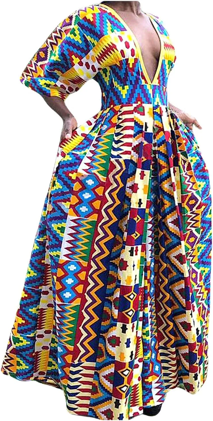 Womens Sexy Boho African Print Jumpsuits V Neck High Waist Wide Leg Long Pants Romper for Casual Party