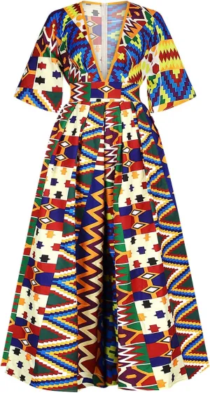 Womens Sexy Boho African Print Jumpsuits V Neck High Waist Wide Leg Long Pants Romper for Casual Party