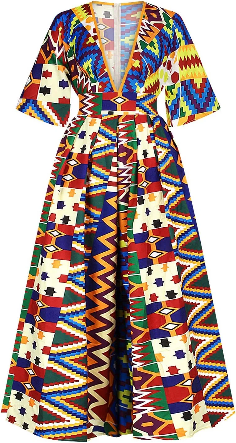 Womens Sexy Boho African Print Jumpsuits V Neck High Waist Wide Leg Long Pants Romper for Casual Party