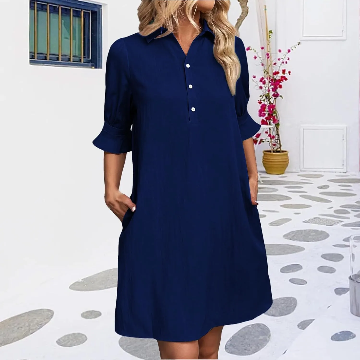 Womens Shirt Dresses Midi Length 3/4 Ruffle Sleeve Summer Dress Button Down Shift Lightweight Sundresses 2025 Trendy