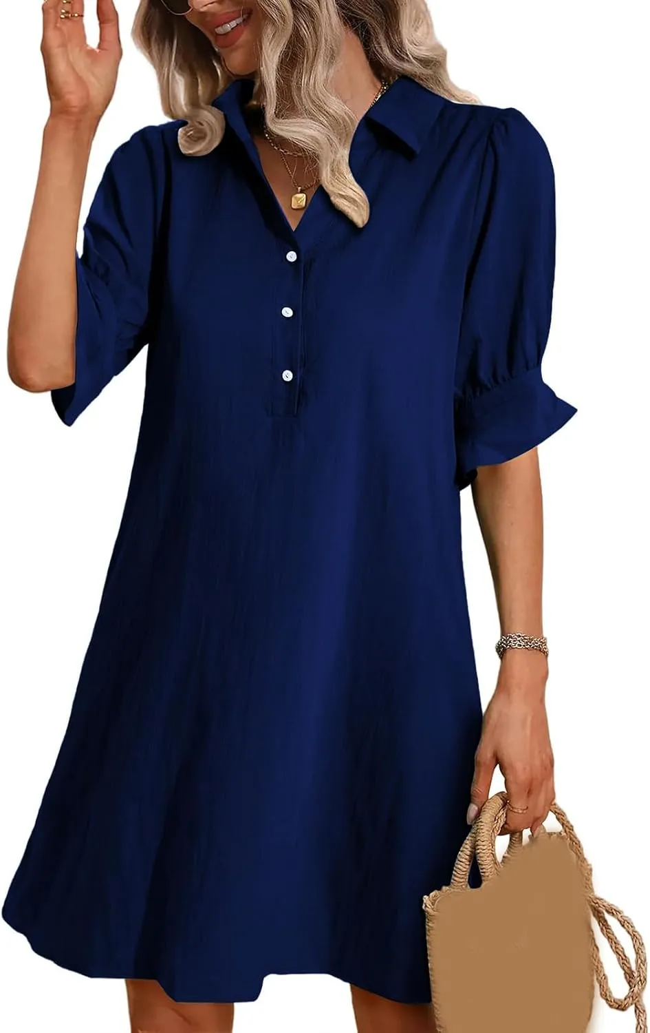 Womens Shirt Dresses Midi Length 3/4 Ruffle Sleeve Summer Dress Button Down Shift Lightweight Sundresses 2025 Trendy