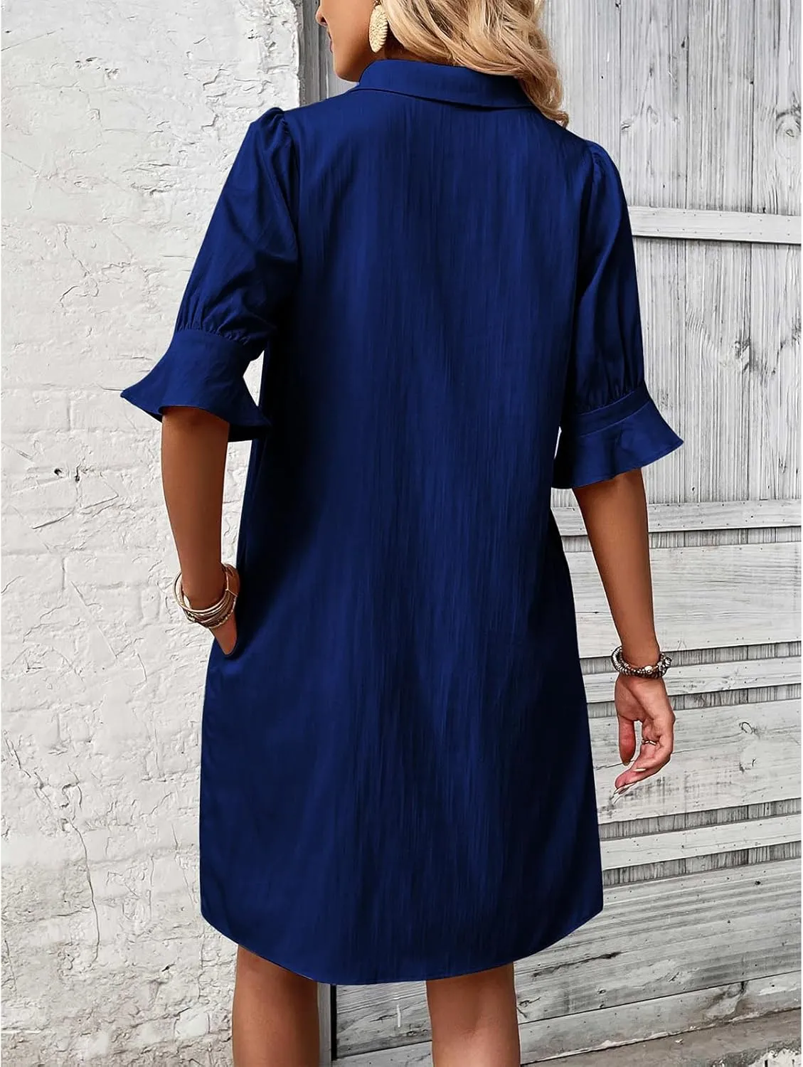 Womens Shirt Dresses Midi Length 3/4 Ruffle Sleeve Summer Dress Button Down Shift Lightweight Sundresses 2025 Trendy