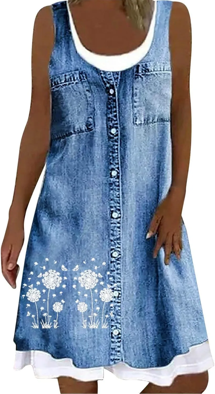 Womens Sleeveless Fake Two-Piece Sleeveless Dress Floral Print Casual Sundresses Summer Novelty Clothes