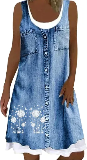 Womens Sleeveless Fake Two-Piece Sleeveless Dress Floral Print Casual Sundresses Summer Novelty Clothes