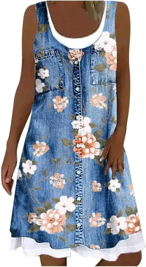 Womens Sleeveless Fake Two-Piece Sleeveless Dress Floral Print Casual Sundresses Summer Novelty Clothes