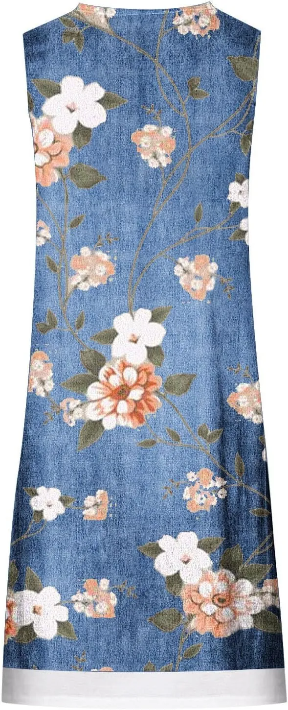 Womens Sleeveless Fake Two-Piece Sleeveless Dress Floral Print Casual Sundresses Summer Novelty Clothes