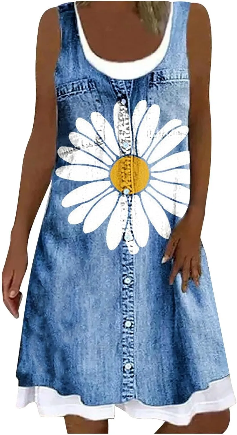 Womens Sleeveless Fake Two-Piece Sleeveless Dress Floral Print Casual Sundresses Summer Novelty Clothes