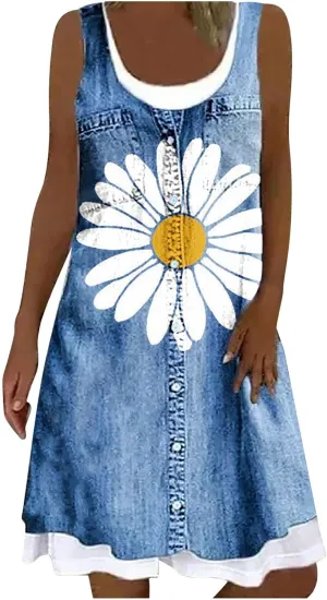 Womens Sleeveless Fake Two-Piece Sleeveless Dress Floral Print Casual Sundresses Summer Novelty Clothes