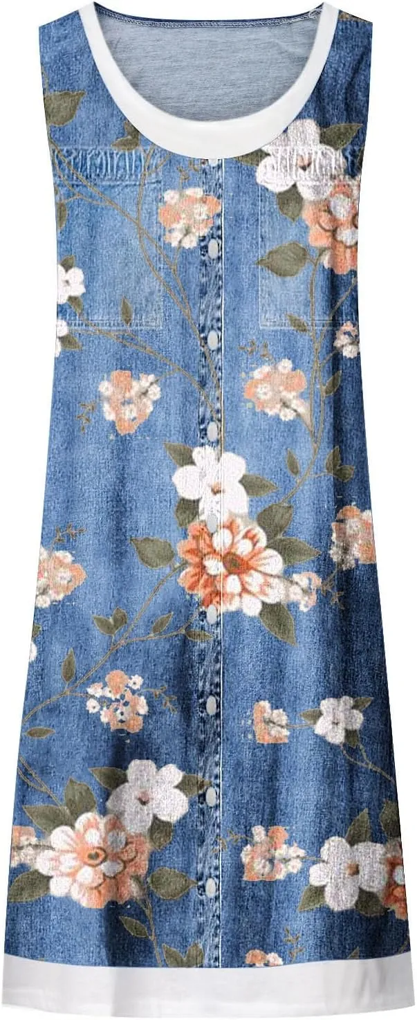 Womens Sleeveless Fake Two-Piece Sleeveless Dress Floral Print Casual Sundresses Summer Novelty Clothes