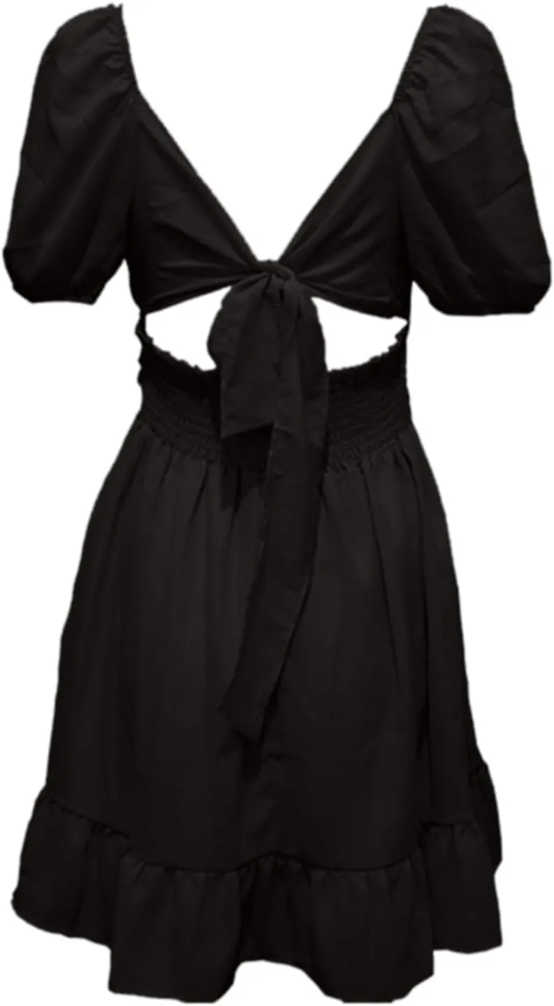 Women's Smocked Ruffle Mini Dress Mesh Long Sleeve Square Neck Party Dresses Flowy Casual A Line Summer Skirt