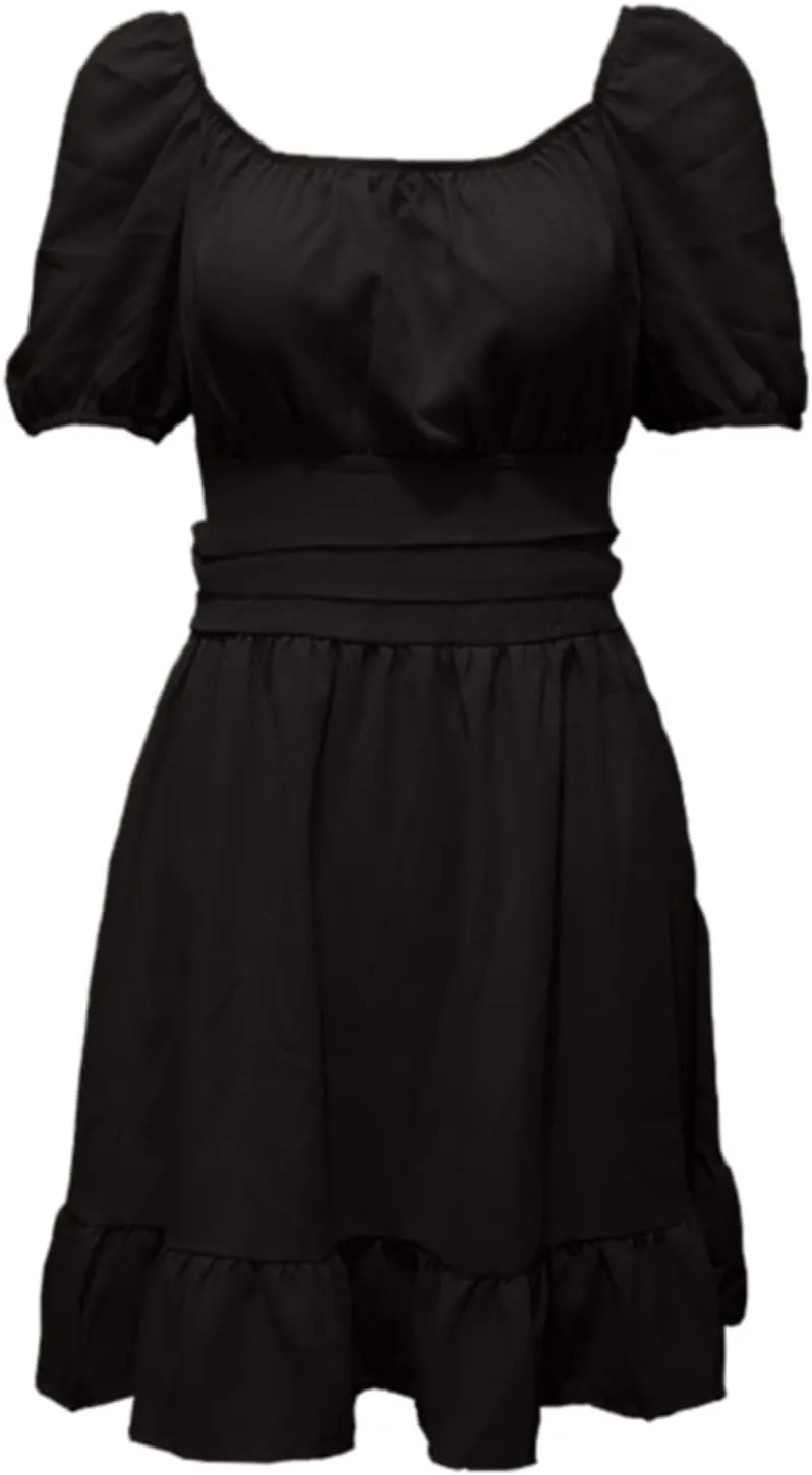 Women's Smocked Ruffle Mini Dress Mesh Long Sleeve Square Neck Party Dresses Flowy Casual A Line Summer Skirt