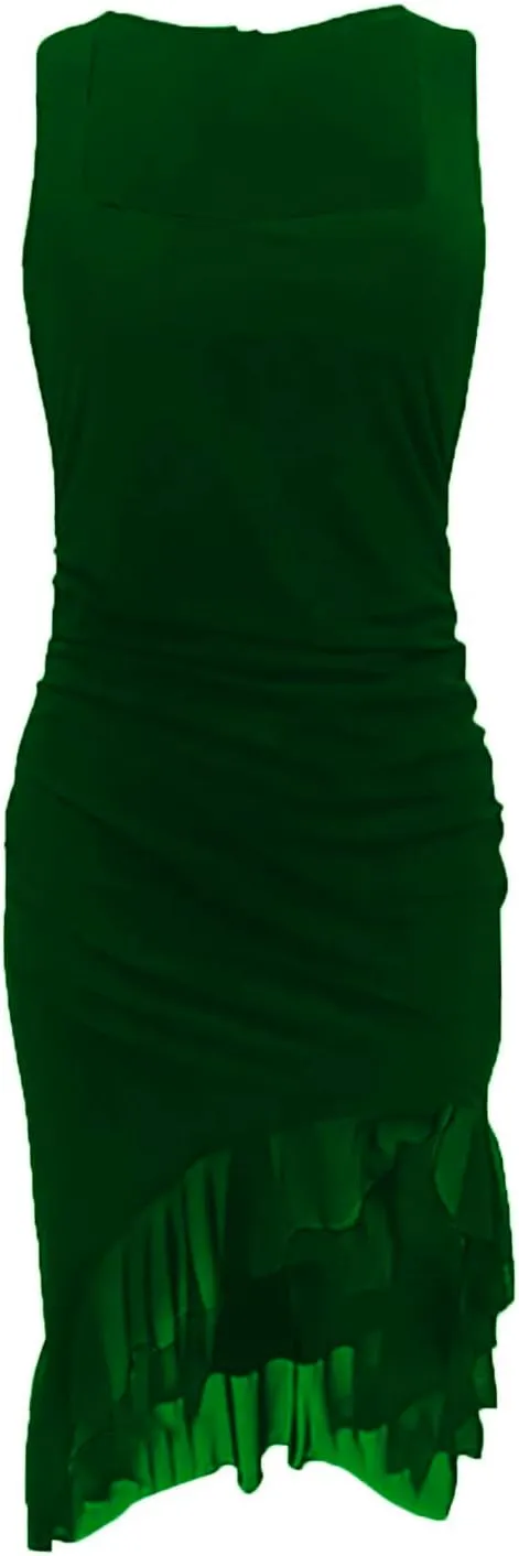 Women's Square Neck Sleeveless Bodycon Midi Dresses Ruched Ruffle Hem Mesh Patchwork Warp Cocktail Party Evening Dress