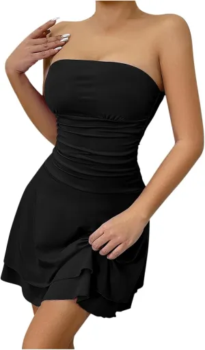 Women's Strapless Ruched Bodycon Dress Sexy Mini Dresses for Night Out Cocktail Party Clubwear Summer Sundress