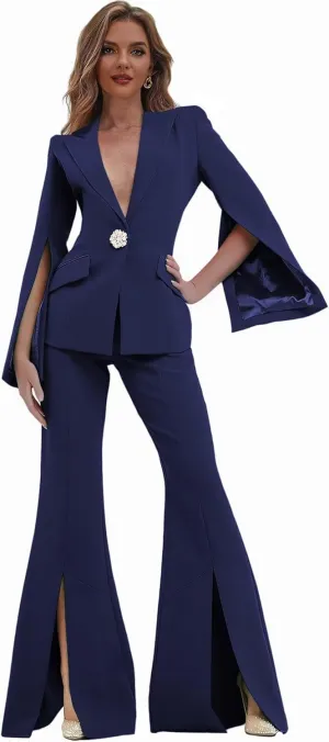 Womens Suit 2 Piece Set Business Blazer Bell Bottoms Casual Sleeve Placket Suit Peak Lapel Prom Tuxedo for Evening Party