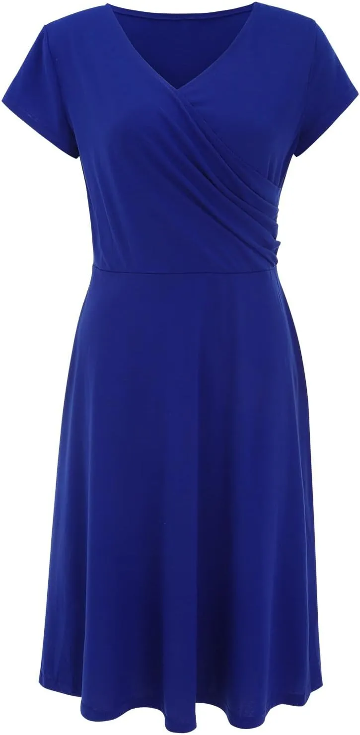 Women's Summer 1950s Vintage Dress Cocktail Swing A-Line Flared Midi Dress Wrap V Neck Cap Sleeve Slim Ruched Dresses