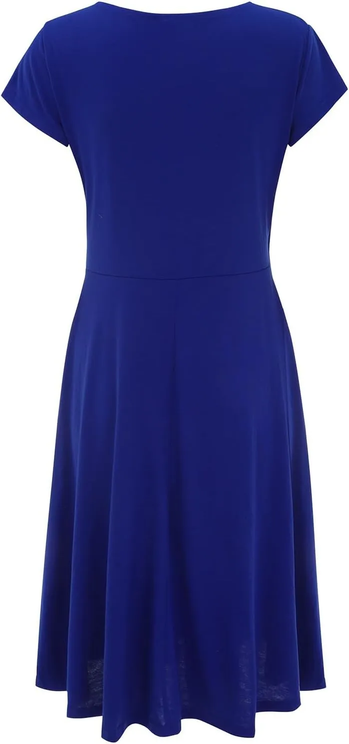 Women's Summer 1950s Vintage Dress Cocktail Swing A-Line Flared Midi Dress Wrap V Neck Cap Sleeve Slim Ruched Dresses