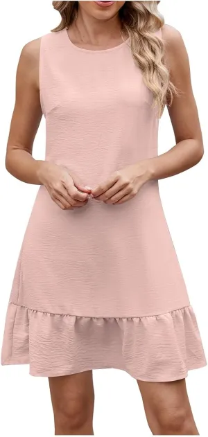 Women's Summer 2025 Sleeveless Mini Dress Round Neck Ruffle Trim Patchwork Dresses Casual A-Line Flowy Short Dress