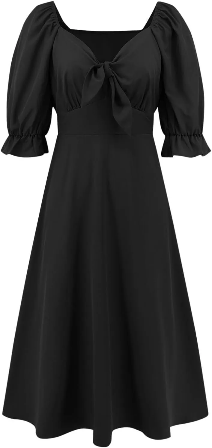 Womens Summer Dresses Elegant Tie Front Midi Dress Puff Half Sleeves V-Neck Pleated Flowy Blouson Beach Dresses