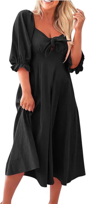 Womens Summer Dresses Elegant Tie Front Midi Dress Puff Half Sleeves V-Neck Pleated Flowy Blouson Beach Dresses