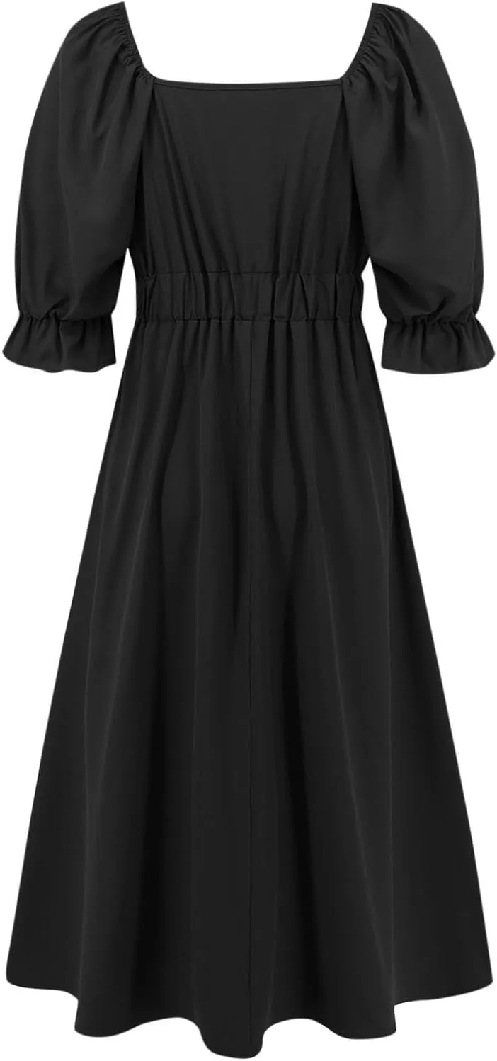 Womens Summer Dresses Elegant Tie Front Midi Dress Puff Half Sleeves V-Neck Pleated Flowy Blouson Beach Dresses