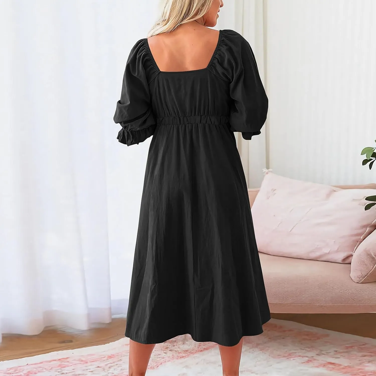 Womens Summer Dresses Elegant Tie Front Midi Dress Puff Half Sleeves V-Neck Pleated Flowy Blouson Beach Dresses