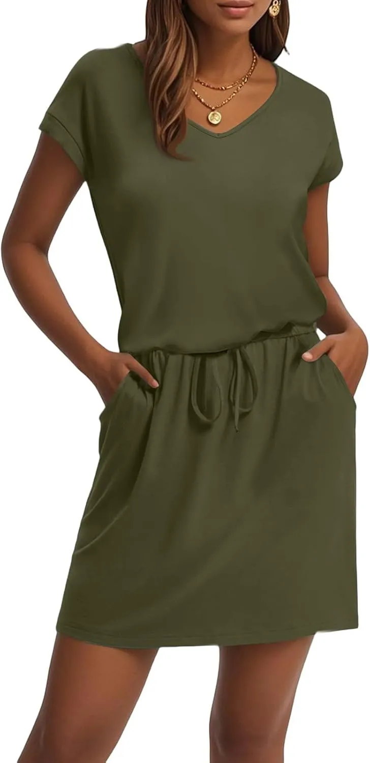 Womens Summer Dresses V Neck Short Sleeve Tshirt Dress Drawstring Cinched Waist Mini Dress A Line Casual Dresses 2025
