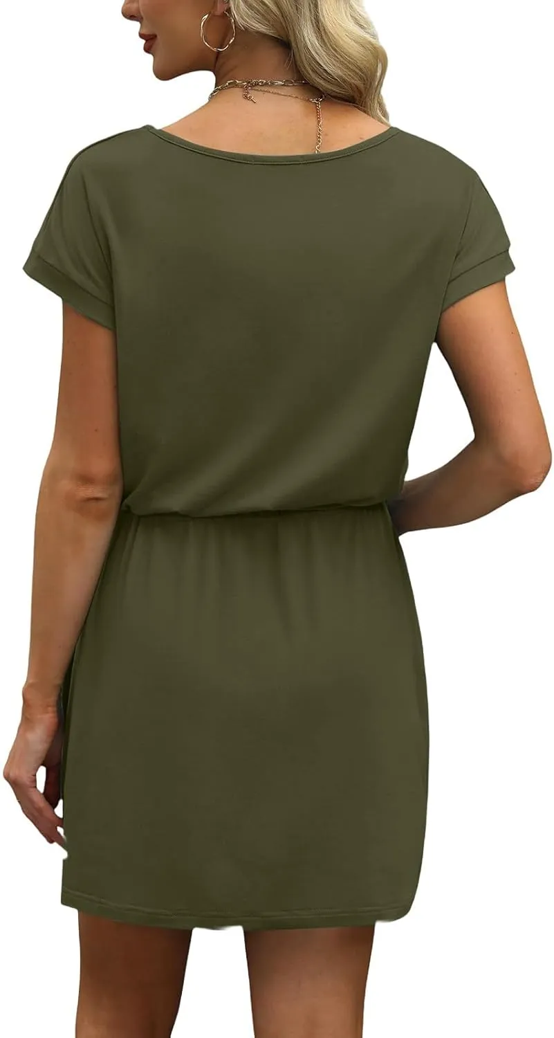 Womens Summer Dresses V Neck Short Sleeve Tshirt Dress Drawstring Cinched Waist Mini Dress A Line Casual Dresses 2025
