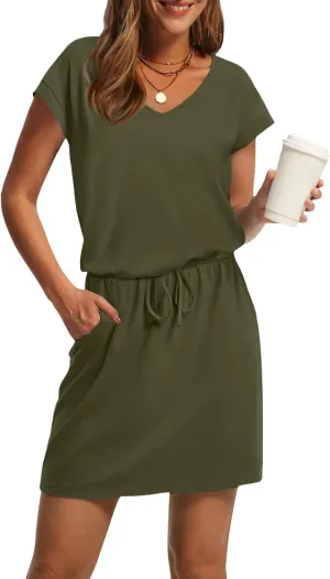 Womens Summer Dresses V Neck Short Sleeve Tshirt Dress Drawstring Cinched Waist Mini Dress A Line Casual Dresses 2025