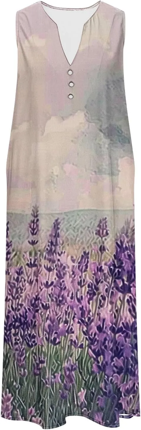 Women's Summer Maxi Dress Vintage Floral Print Graphic Long Dresses V Neck Sleeveless Flowy Swing Casual Beach Dress