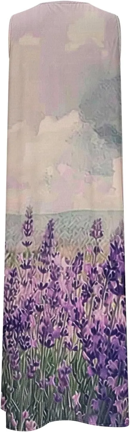 Women's Summer Maxi Dress Vintage Floral Print Graphic Long Dresses V Neck Sleeveless Flowy Swing Casual Beach Dress