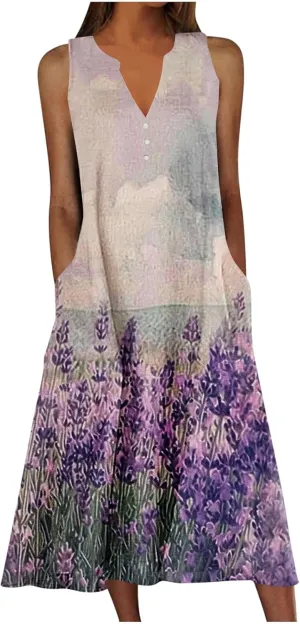 Women's Summer Maxi Dress Vintage Floral Print Graphic Long Dresses V Neck Sleeveless Flowy Swing Casual Beach Dress