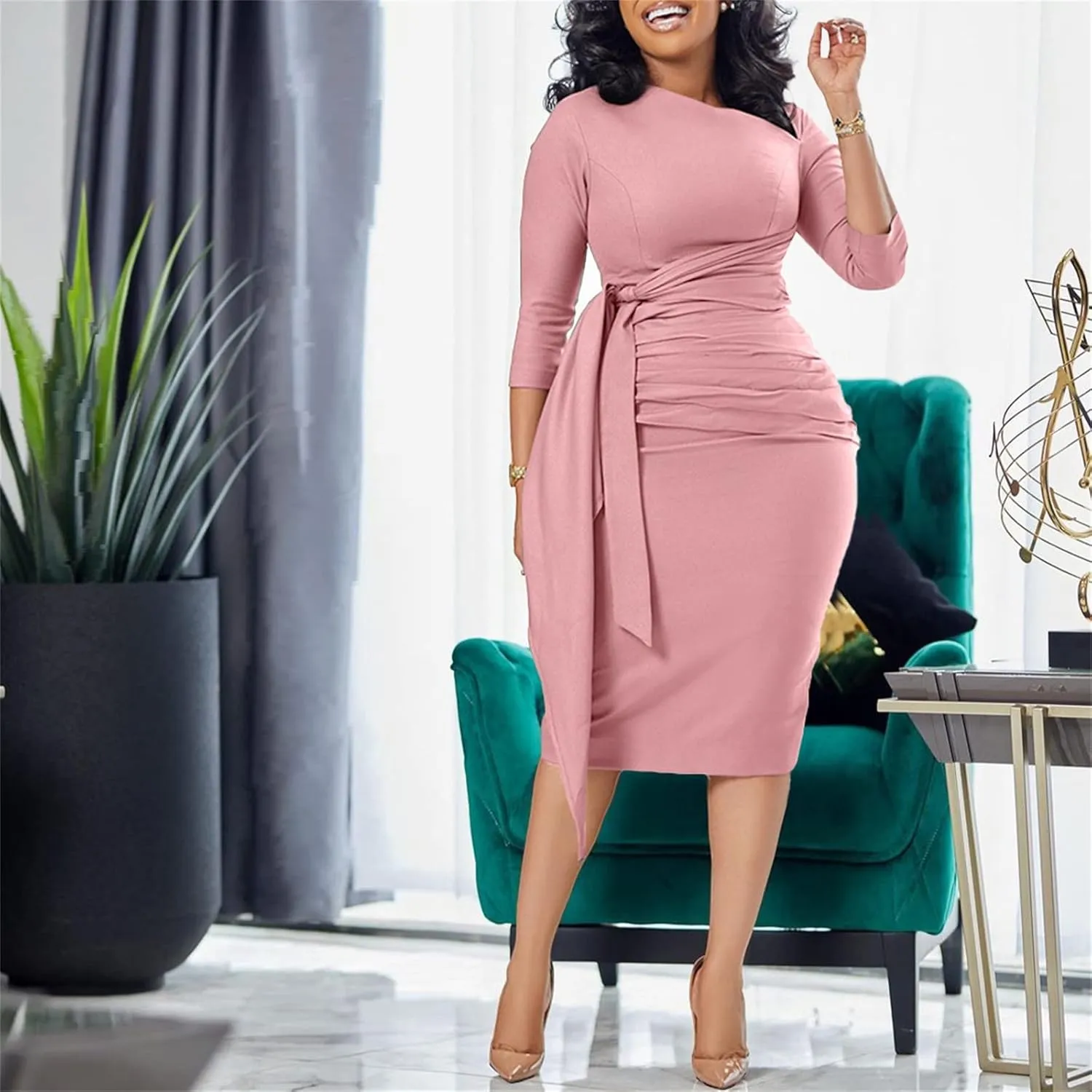 Women's Summer Plus Size Midi Bodycon Dresses Off The Shoulder Short Sleeve Ruffle Cocktail Party Pencil Formal Dress