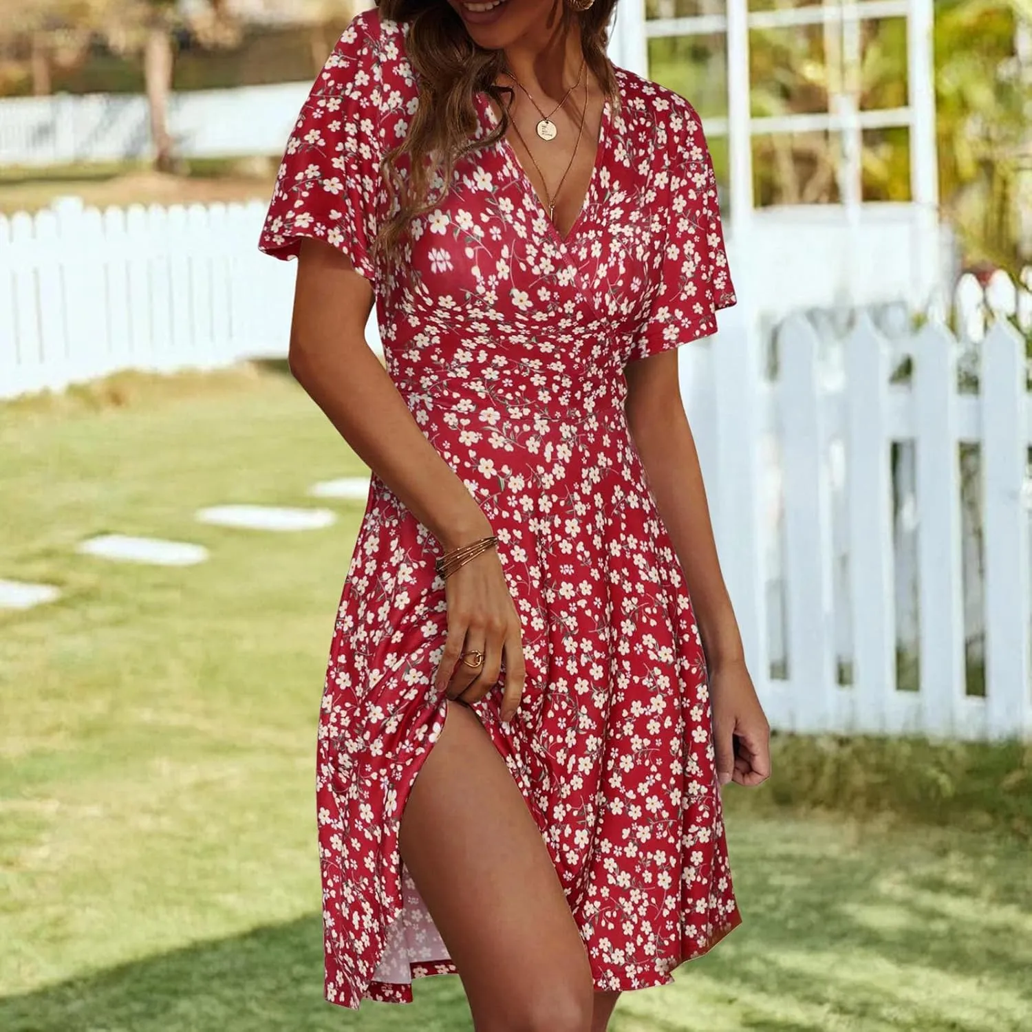 Womens Sundress Summer Floral Short Sleeve Dress Wrap V Neck A-Line Midi Dress Casual Vacation Dresses