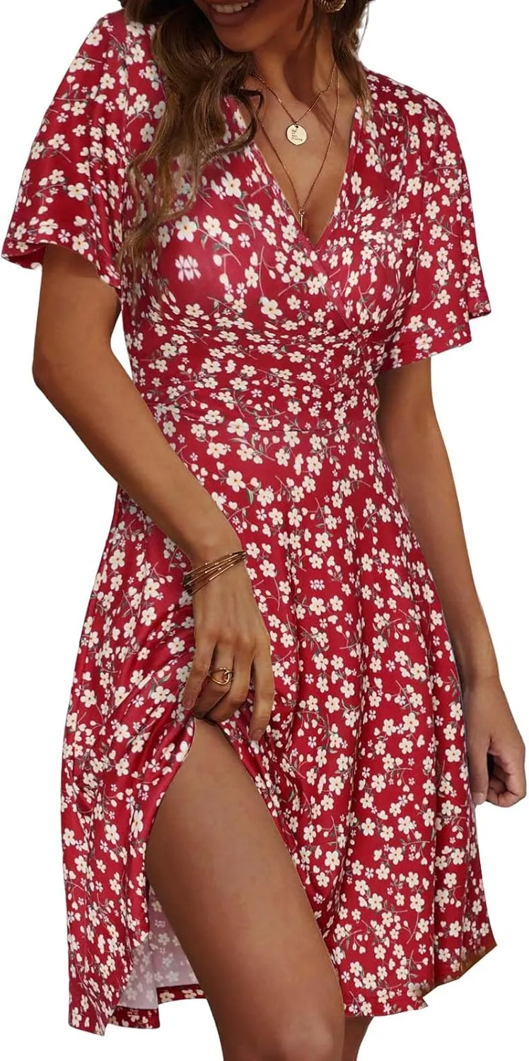 Womens Sundress Summer Floral Short Sleeve Dress Wrap V Neck A-Line Midi Dress Casual Vacation Dresses